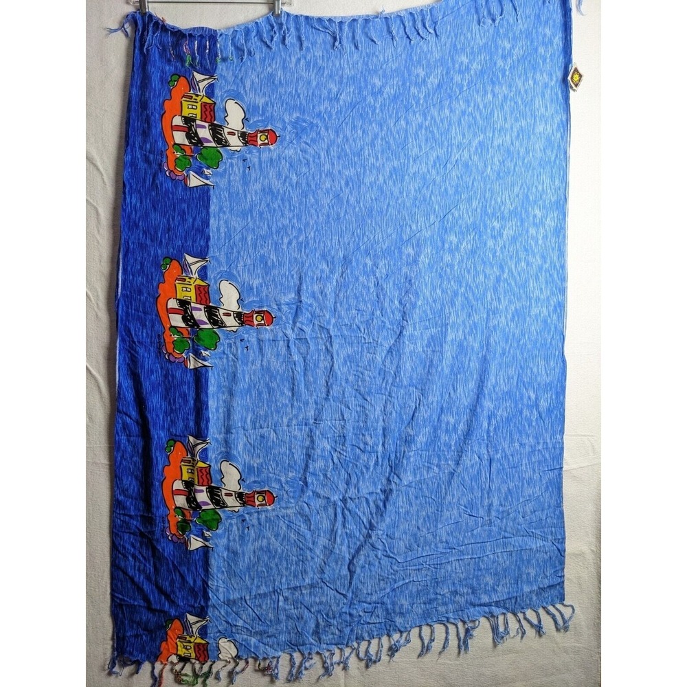 Sally Huss Sun Sand Fringed Beach Wrap Sarong Lighthouse Size OS Rayon Blue